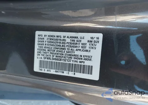 2016 Honda Odyssey Ex-L z USA, uszkodzony, nr VIN 5FNRL5H66GB152137